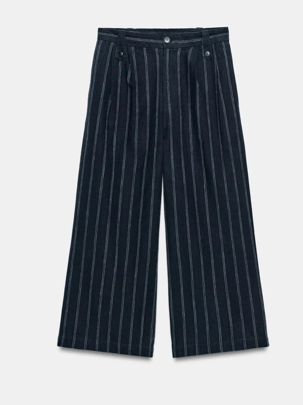 Wide-Leg Pinstripe Linen/Cotton Pants in Navy